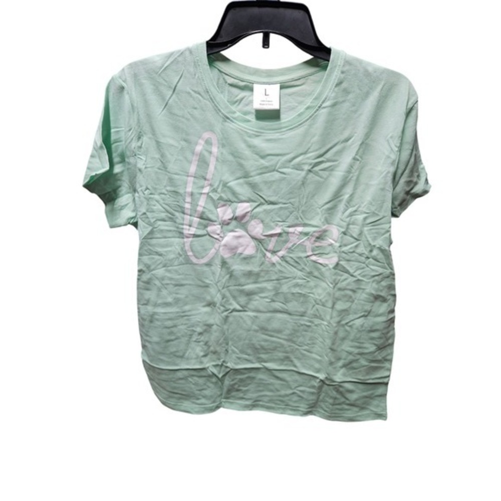 Womens Love Paw Print Graphic T Shirt Light‎ Green Size L Cotton